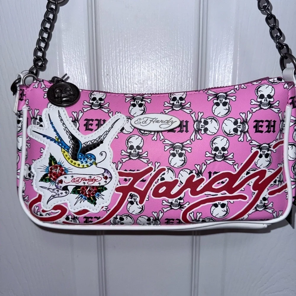 NWT Ed Hardy Pink and White Skull Shoulder Bag